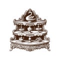 Ornate three-tier serving dish with swan design and decorative tea set on a white background Royalty Free Stock Photo