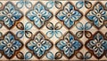 Ornate tile pattern with blue and brown floral and leaf motifs, featuring symmetrical and intricate designs, showcasing the beauty
