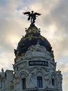 Ornate tower of iconic Metropolis building in central Madrid, Spain