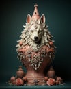 an ornate vase with a wolf head on top