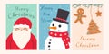 Ornate vertical winter holidays greeting cards with Santa Claus, snowman, cookies and typographic design in flat style Royalty Free Stock Photo