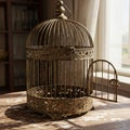 Ornate vintage birdcage crafted from dark metal featuring intricate scrollwork Royalty Free Stock Photo