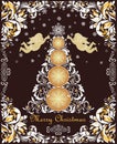 Ornate vintage Christmas greeting card with floral decorative paper cut out border, xmas tree, golden angels and snowflakes