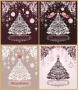 Ornate vintage Christmas greeting sweet cards variation with floral decorative paper cut out border, xmas tree, pink angels and ha