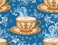 Ornate Vintage Coffee Cups on a Blue Winter Background Pattern Royalty Free Stock Photo