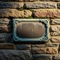 Ornate vintage plaque mounted on textured brick wall rustic outdoor decor element Royalty Free Stock Photo