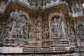 Ornate wall panel reliefs depicting from left Bhairava, Other deities, a drumer and Lord Vishnu, Kedareshwara temple, Halebidu, Ka