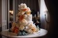 The ornate wedding cake with flowers and berries in modern interior. Generative AI