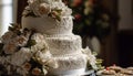 An ornate wedding cake tier with fresh strawberries generated by AI