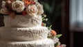 An ornate wedding cake tier with pink flowers generated by AI