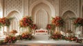 Elegant Islamic Wedding Stage Decor with Floral Arrangements and White Sofa Royalty Free Stock Photo