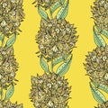 Ornate whimsical yellow peony seamless pattern. Vector florals