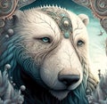Ornate white bear, close-up portrait, digital illustration