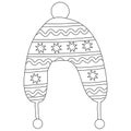 Ornate winter hat with pom pom and ear warmers, doodle style flat vector outline for coloring book