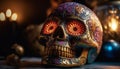 Ornate wood souvenir celebrates indigenous culture with spooky human skulls generated by AI Royalty Free Stock Photo