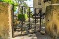 Ornate wooden gate with metal accents in old town Casco Viejo in Pamplona, Spain Royalty Free Stock Photo