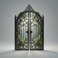 Ornate Wrought Iron Gate with Floral Patterns in Garden Setting Royalty Free Stock Photo