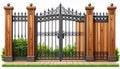 Ornate wrought iron gate with wooden posts and greenery Royalty Free Stock Photo