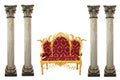 Ornated golden red king throne and marble columns isolated on white background