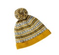 Ornated winter yellow knitted hat with pompom isolated on white background