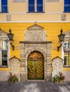 Ornately carved wooden door - entrance to No 26 Pikk Street - Brotherhood of the Black Heads, in Tallinn, Estonia