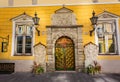 Ornately carved wooden door - entrance to No 26 Pikk Street - Brotherhood of the Black Heads, in Tallinn, Estonia