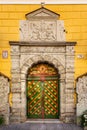 Ornately carved wooden door - entrance to No 26 Pikk Street - Brotherhood of the Black Heads, in Tallinn, Estonia