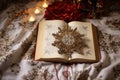 ornately designed christmas storybook opened on a snowflake blanket