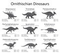 Ornithischian dinosaurs. Monochrome vector illustration of dinosaurs isolated on white background. Set of ancient