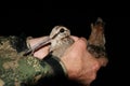 Ornithologist holding the eurasian Woodcock in hands