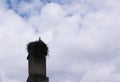 white stork in a nest located on a tall brick chimney of an old building against a cloudy sky with dense clouds. Royalty Free Stock Photo