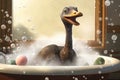 An Ornithomimus taking a bubble bath. AI generation