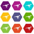 Ornithopod dinosaur icon set color hexahedron