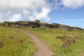 Orongo village stone structures with blue sky and greenery Royalty Free Stock Photo