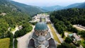 OROPA, BIELLA, ITALY - JULY 7, 2018: aero View of beautiful Shrine of Oropa, Facade with dome of the Oropa sanctuary Royalty Free Stock Photo