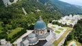 OROPA, BIELLA, ITALY - JULY 7, 2018: aero View of beautiful Shrine of Oropa, Facade with dome of the Oropa sanctuary Royalty Free Stock Photo