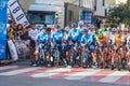 OROPESA DEL MAR, SPAIN - JANUARY 31, 2018: Bicyclists participate in the start bicycle race in La Vuelta on January 31 Royalty Free Stock Photo