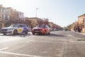 OROPESA DEL MAR, SPAIN - JANUARY 31, 2018: Support cars on the bike race in La Vuelta on January 31, 2018 in Oropesa Del Royalty Free Stock Photo