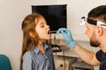 Oropharyngoscopy procedure. Otolaryngologist examines child throat with spatula. Consultation with laryngologist.
