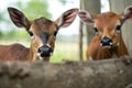 orphaned fawn being watched over by powerful ox Royalty Free Stock Photo