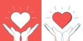 Orphans Help modern vector single line design icon. An image of a heart floating between two hands