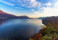 Orta Lake winter sunset panorama. Color image Royalty Free Stock Photo