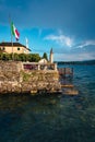 View of a building on Lake Orta with the Island of San Giulio in the background