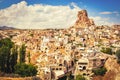 Ortahisar fortress in Cappadocia, popular tourist destination, front view with dynamic sky cloudscape static timelapse