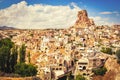 Ortahisar fortress in Cappadocia, popular tourist destination, front view with dynamic sky cloudscape static timelapse