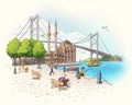 Ortakoy Bosphorus Bridge turkey istanbul historical places ancient city tourist cartoon