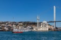 Ortakoy Mosque, Bosphorus Bridge and Ferries Royalty Free Stock Photo