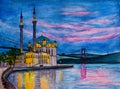 Ortakoy mosque and Bosphorus bridge in Istanbul, Turkey. Watercolor painting. Royalty Free Stock Photo