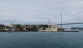 Ortakoy Mosque, Bosphorus Bridge and Strait with Ships, as seen from the European Side of Istanbul, in Turkey Royalty Free Stock Photo