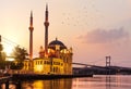 The Ortakoy Mosque and Bosphorus bridge at sunrise with many seagulls, Istanbul Royalty Free Stock Photo